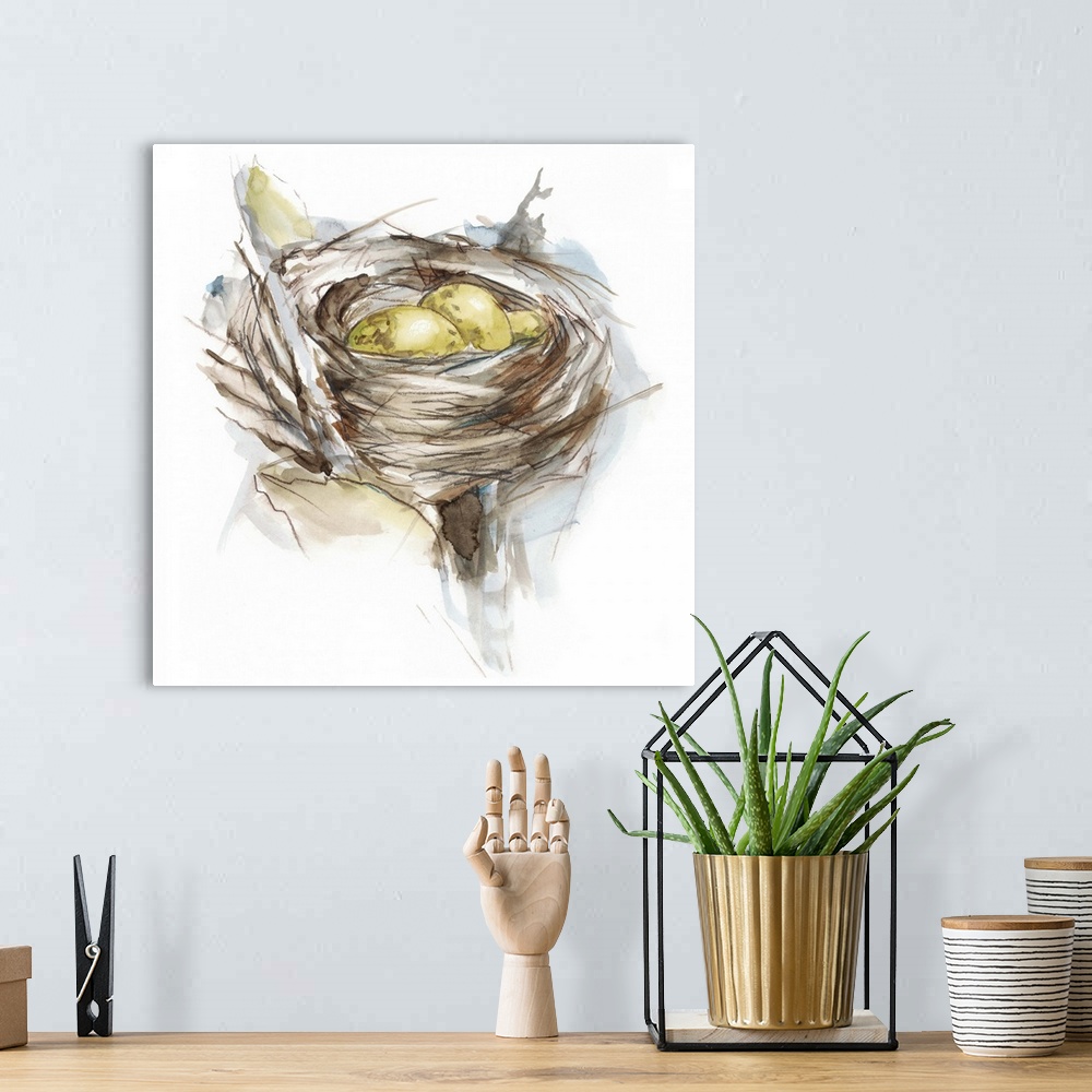 A bohemian room featuring Watercolor painting of a bird's nest with two small yellow eggs.
