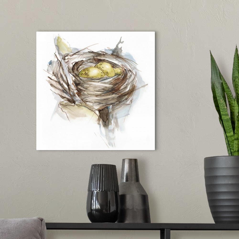 A modern room featuring Watercolor painting of a bird's nest with two small yellow eggs.