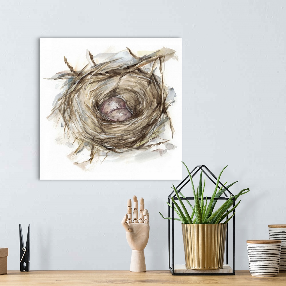 A bohemian room featuring Watercolor painting of a bird's nest with two small brown eggs.