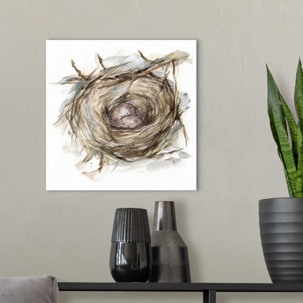 A modern room featuring Watercolor painting of a bird's nest with two small brown eggs.