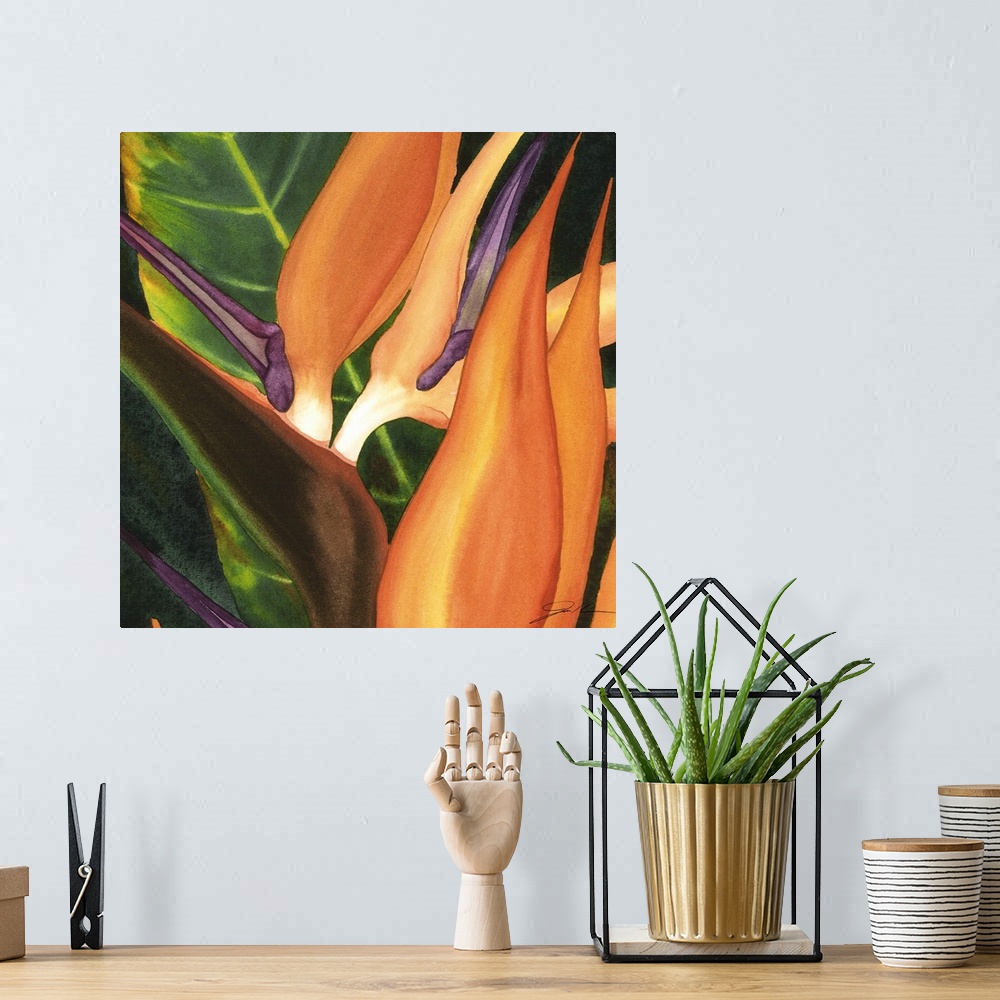 A bohemian room featuring A contemporary painting of a close-up of a group of birds of paradise flowers.