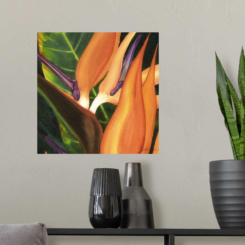 A modern room featuring A contemporary painting of a close-up of a group of birds of paradise flowers.