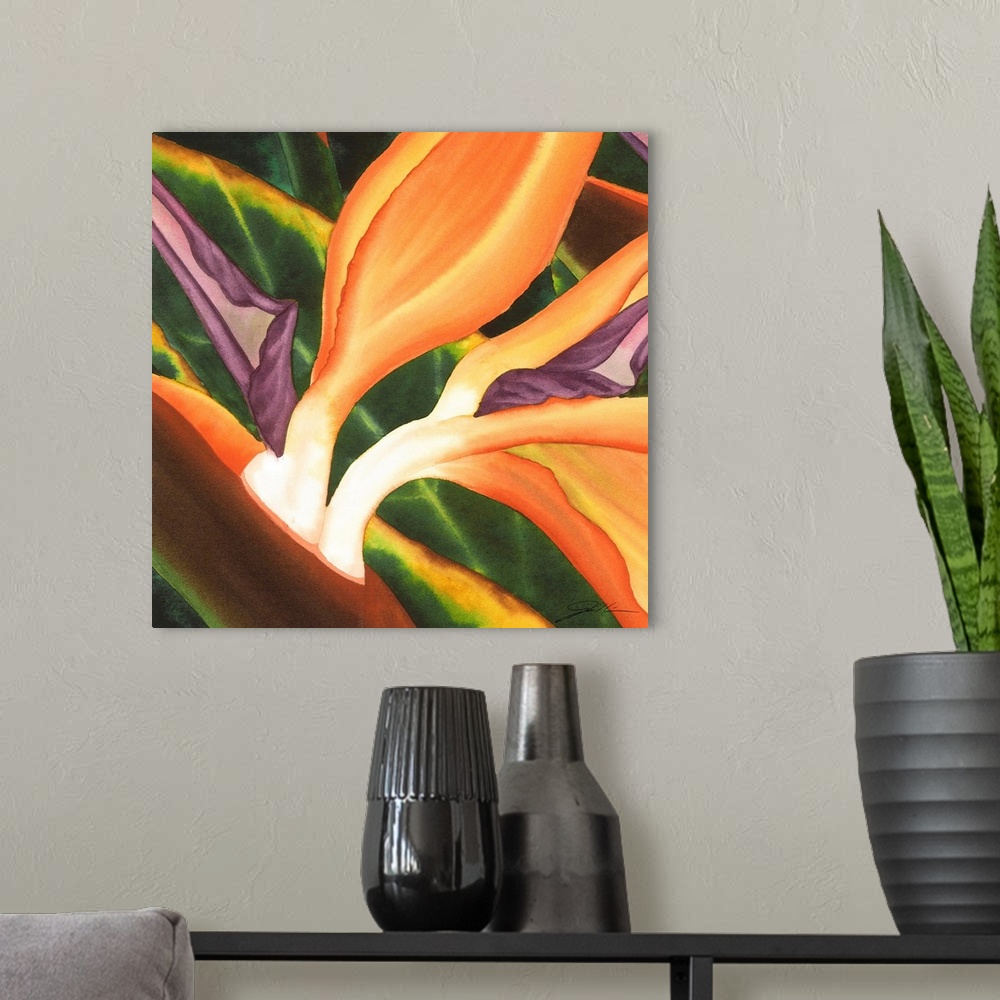 A modern room featuring A contemporary painting of a close-up of a group of birds of paradise flowers.