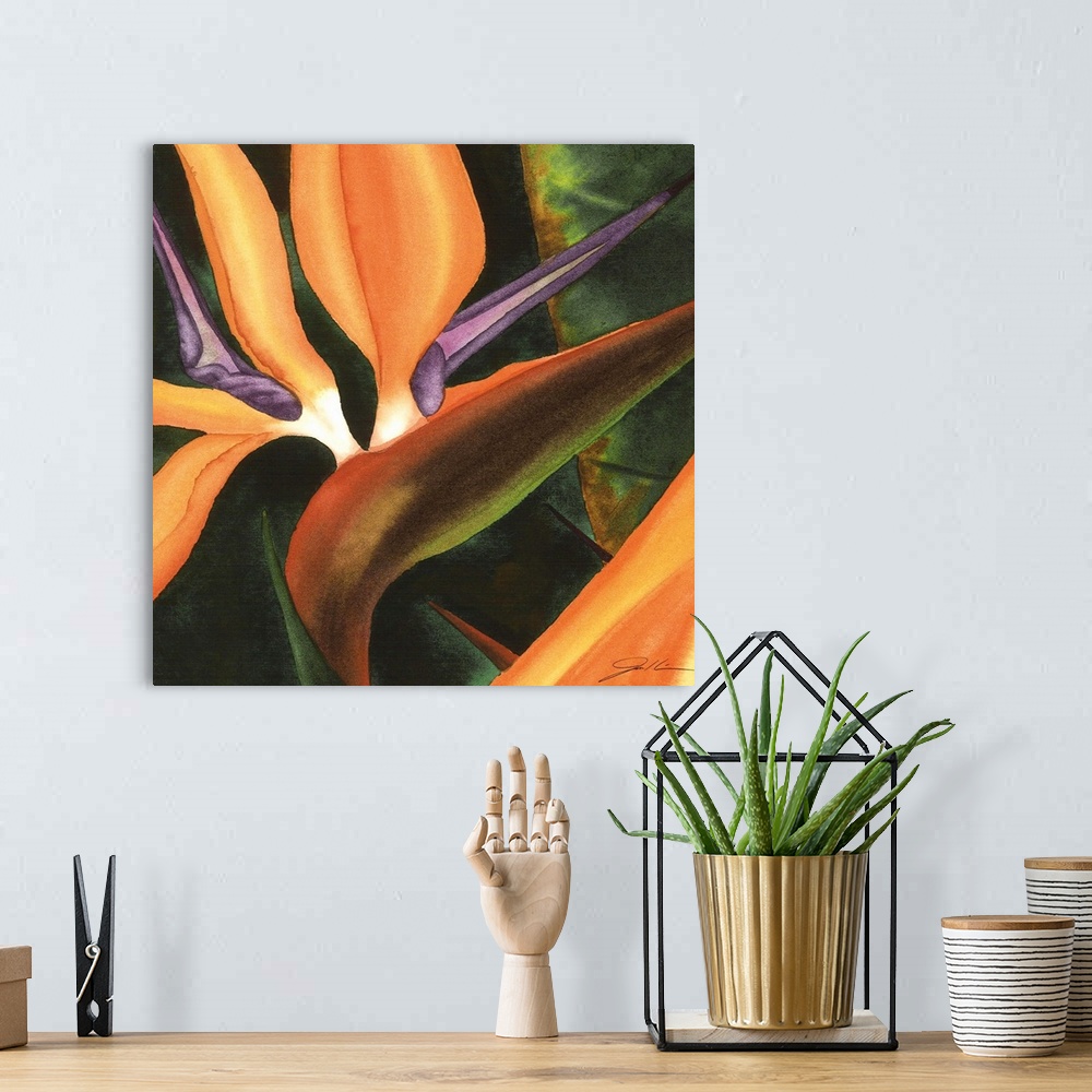 A bohemian room featuring A contemporary painting of a close-up of a group of birds of paradise flowers.