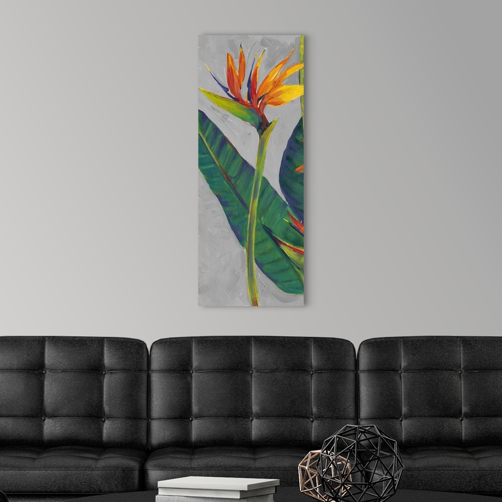 A modern room featuring Bird of Paradise Triptych I