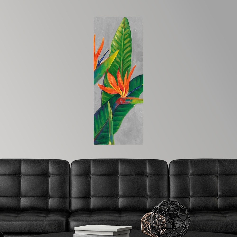 A modern room featuring Bird of Paradise Triptych III