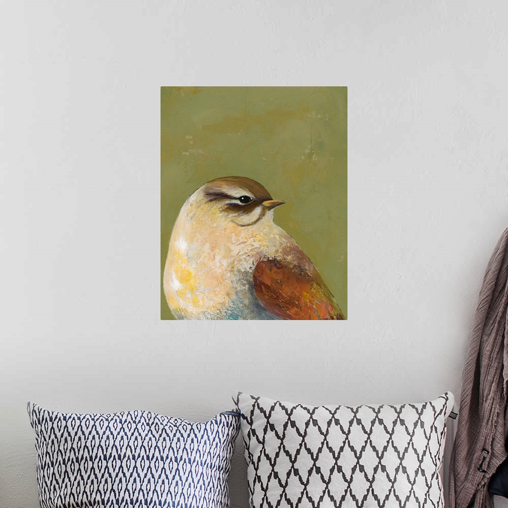 A bohemian room featuring Contemporary painting of a close-up of a garden bird against a green background.