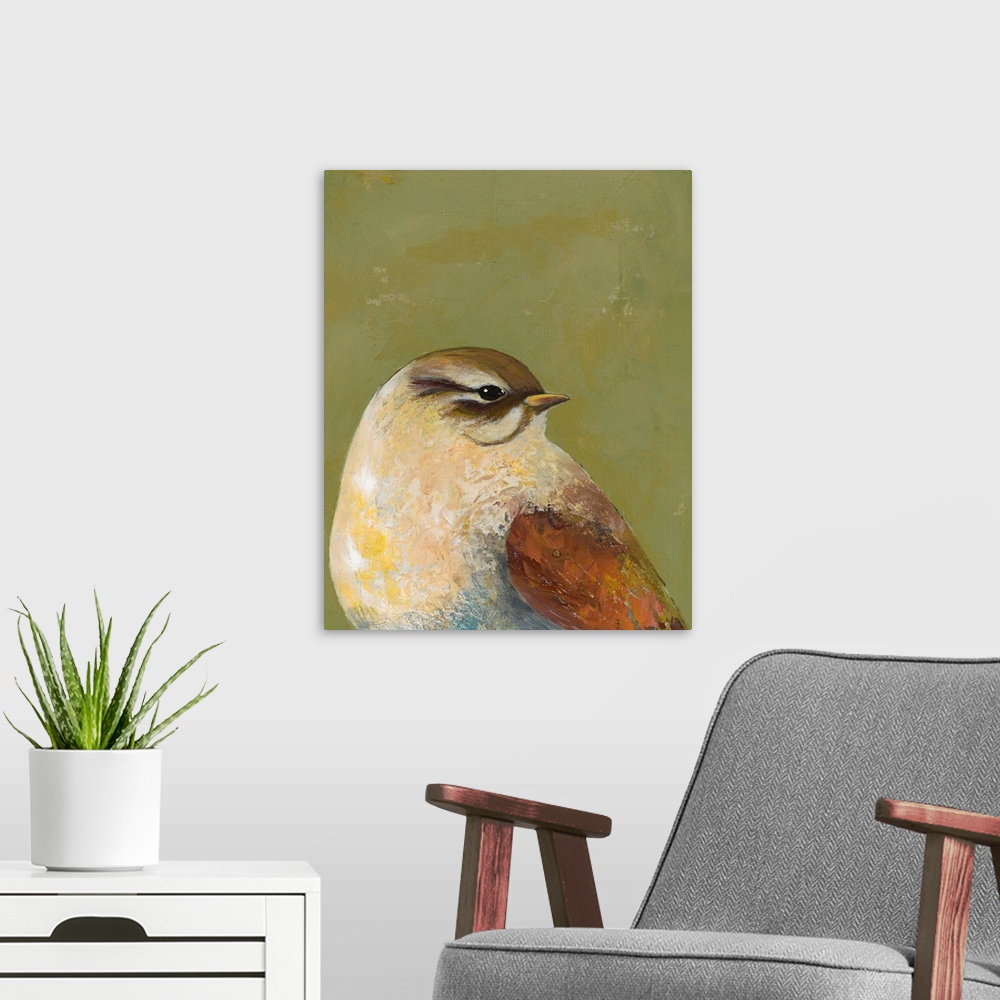 A modern room featuring Contemporary painting of a close-up of a garden bird against a green background.