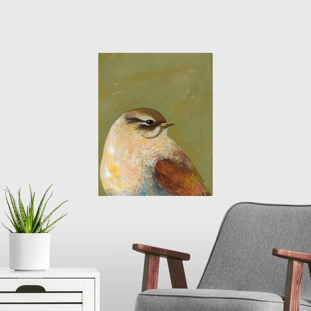 A modern room featuring Contemporary painting of a close-up of a garden bird against a green background.