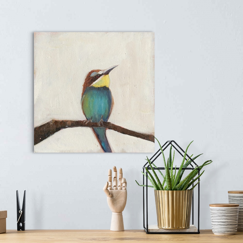 A bohemian room featuring Painting of a Bee-eater bird on a thin branch.