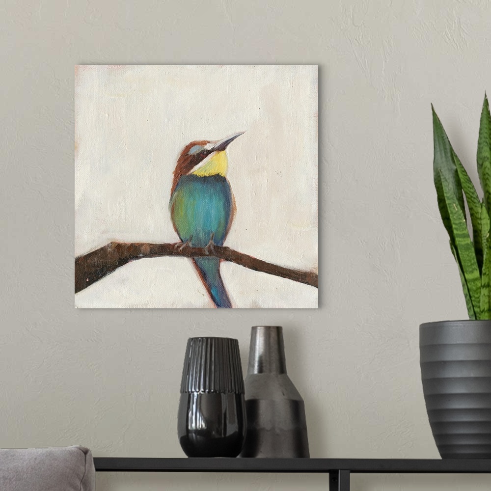A modern room featuring Painting of a Bee-eater bird on a thin branch.