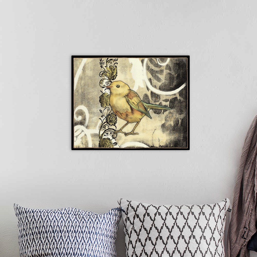A bohemian room featuring Contemporary home decor artwork of a yellow garden bird.