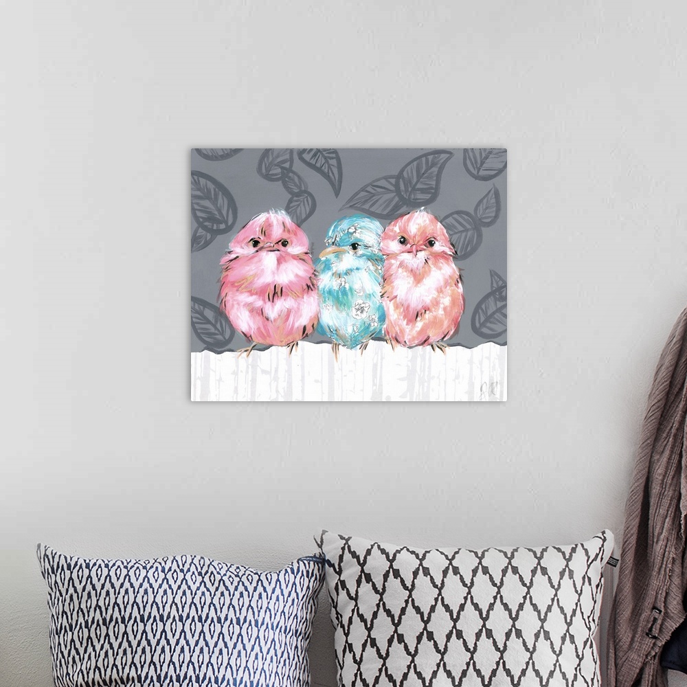 A bohemian room featuring Three bright colored birds in pink, peach and blue, perched on a white fence against a grey leaf ...