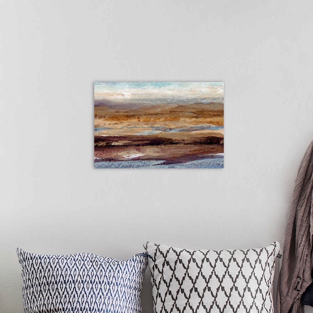 A bohemian room featuring Contemporary abstract painting using weathered earthy tones.