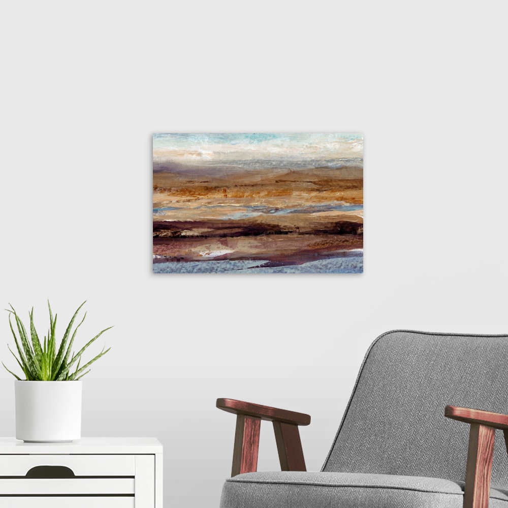 A modern room featuring Contemporary abstract painting using weathered earthy tones.