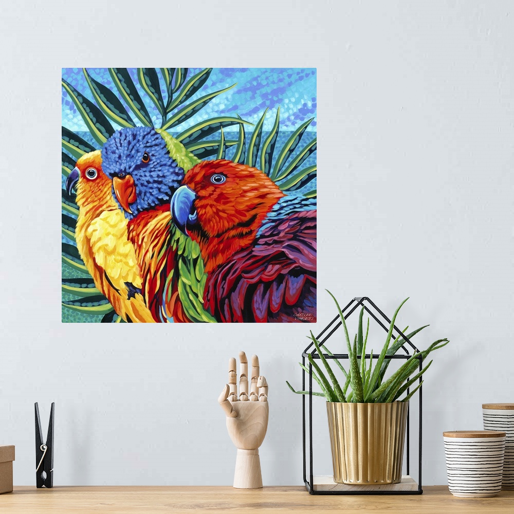 A bohemian room featuring Contemporary painting of three tropical birds, including a Sun Conure, a Rainbow Lory, and a fema...