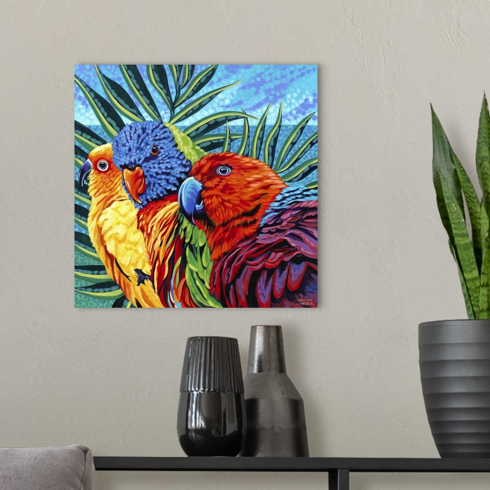 A modern room featuring Contemporary painting of three tropical birds, including a Sun Conure, a Rainbow Lory, and a fema...