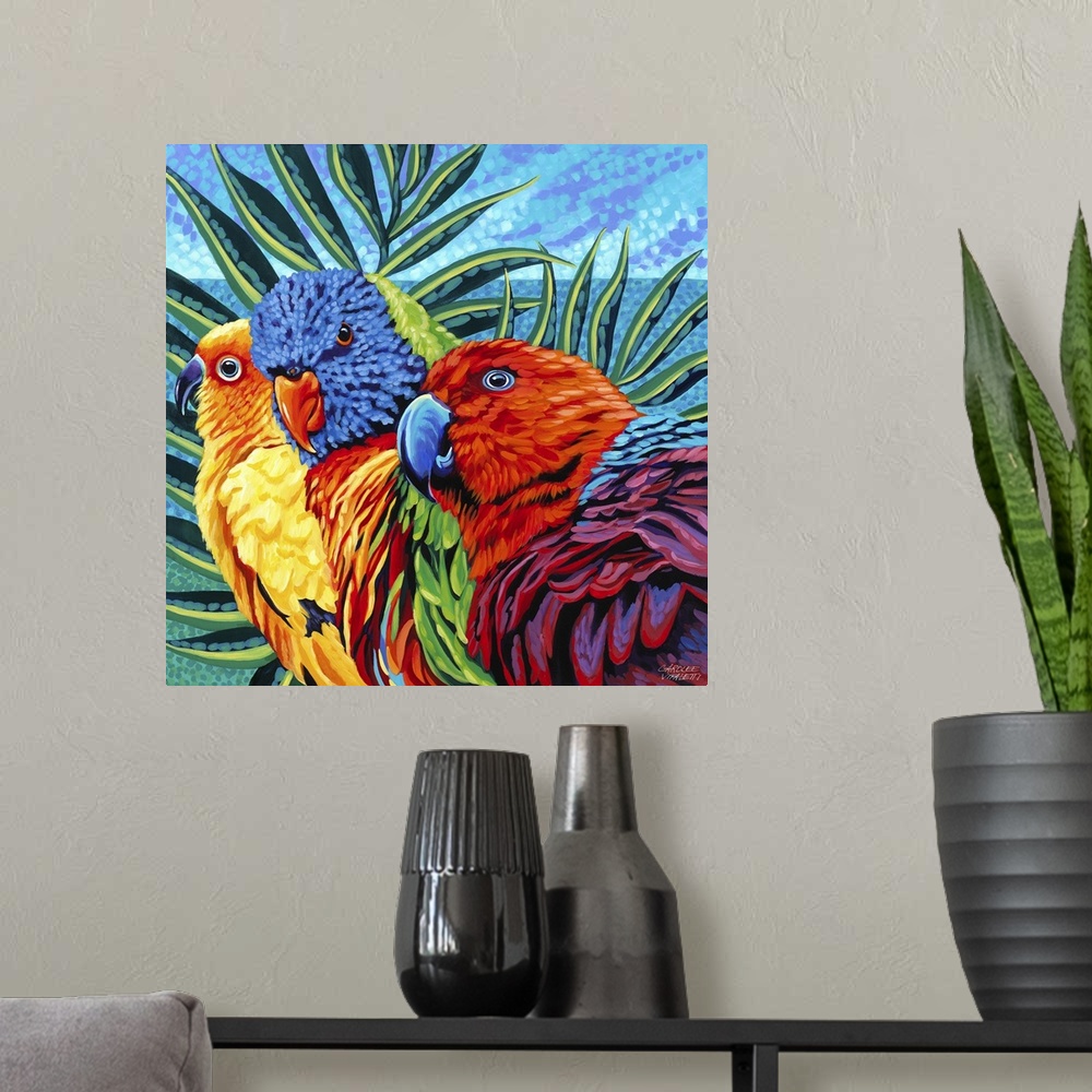 A modern room featuring Contemporary painting of three tropical birds, including a Sun Conure, a Rainbow Lory, and a fema...