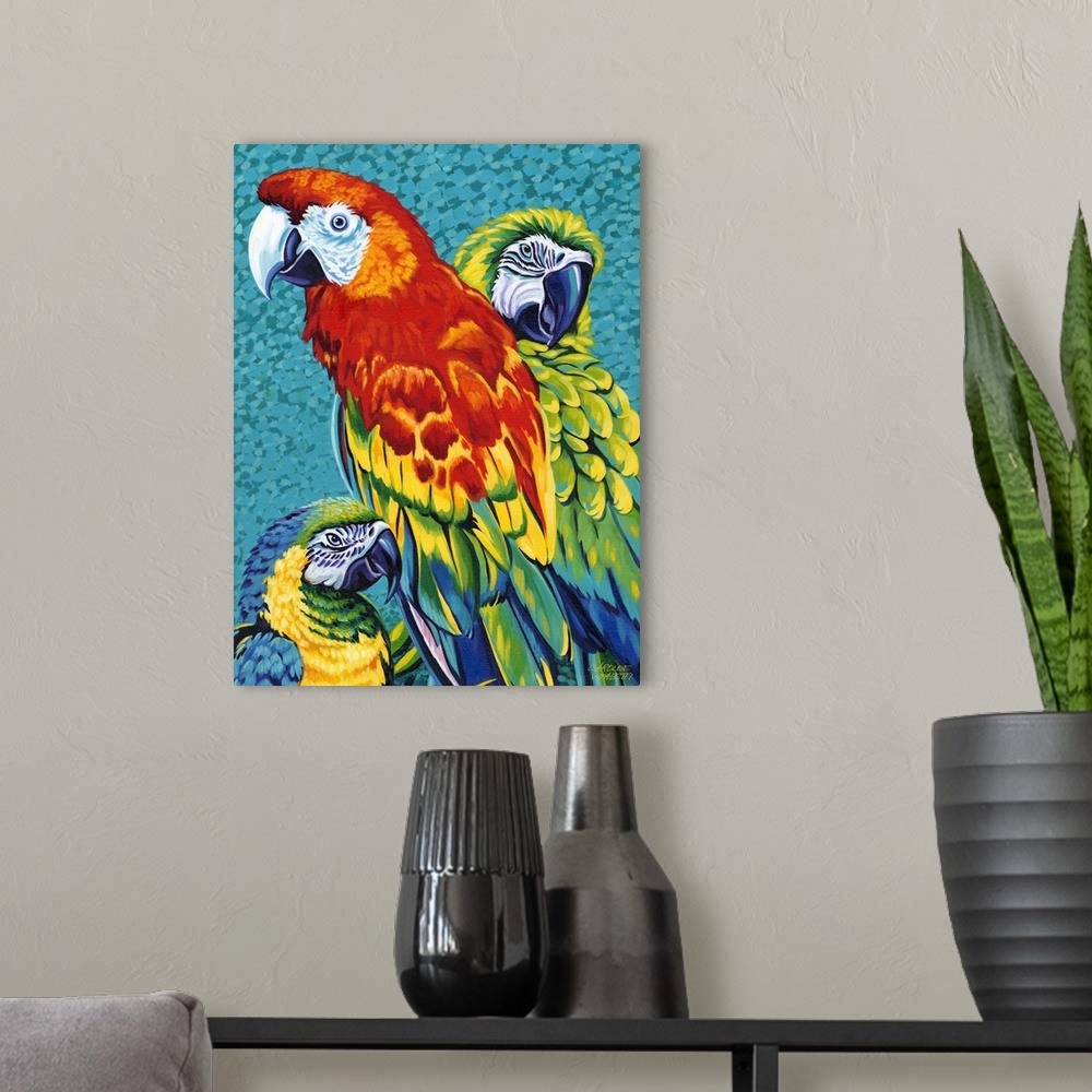 A modern room featuring Painting of three colorful macaw parrots, including a Scarlet, Blue and Gold, and Catalina Macaw.