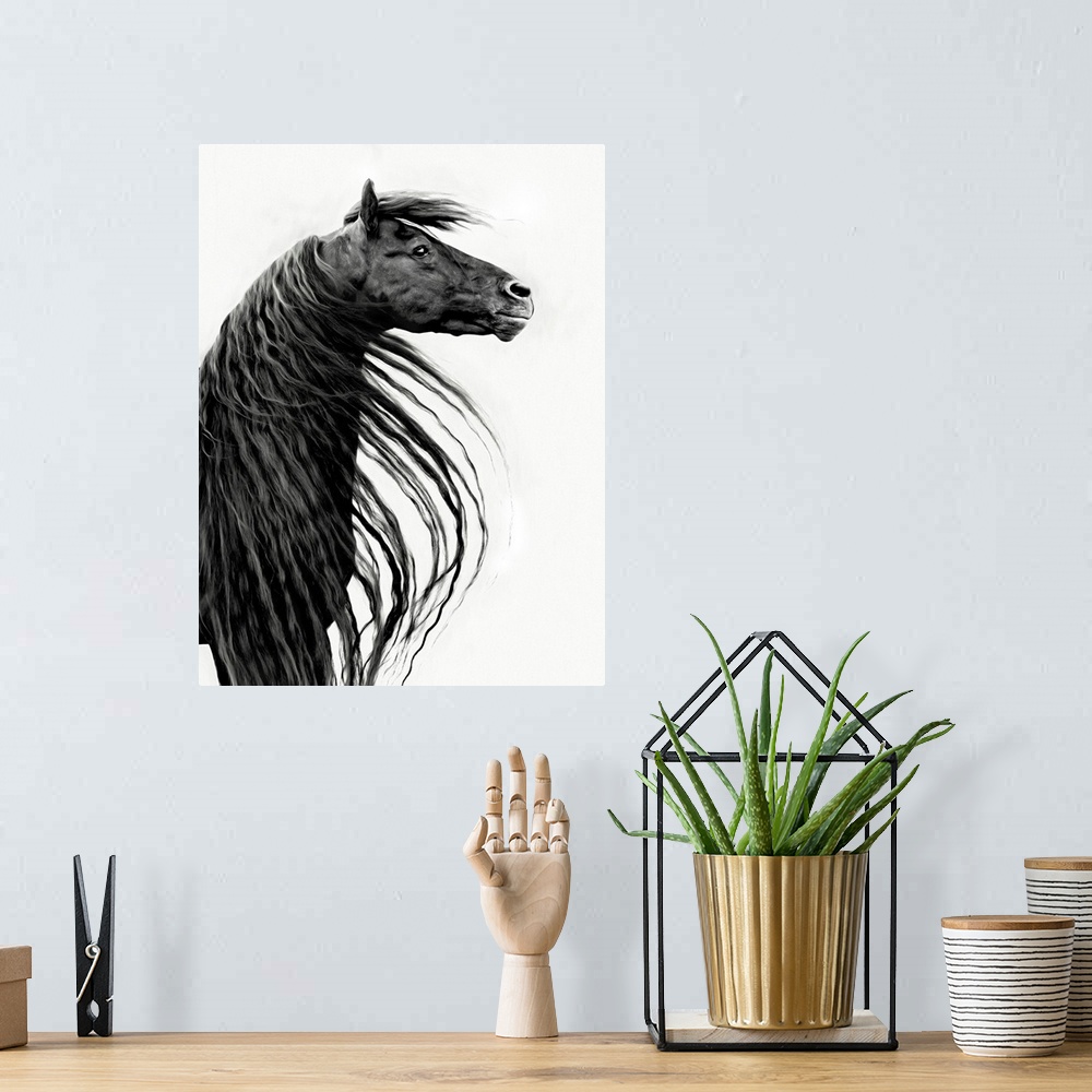 A bohemian room featuring Black And White Horse Portrait II