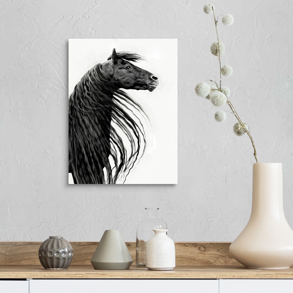 A farmhouse room featuring Black And White Horse Portrait II