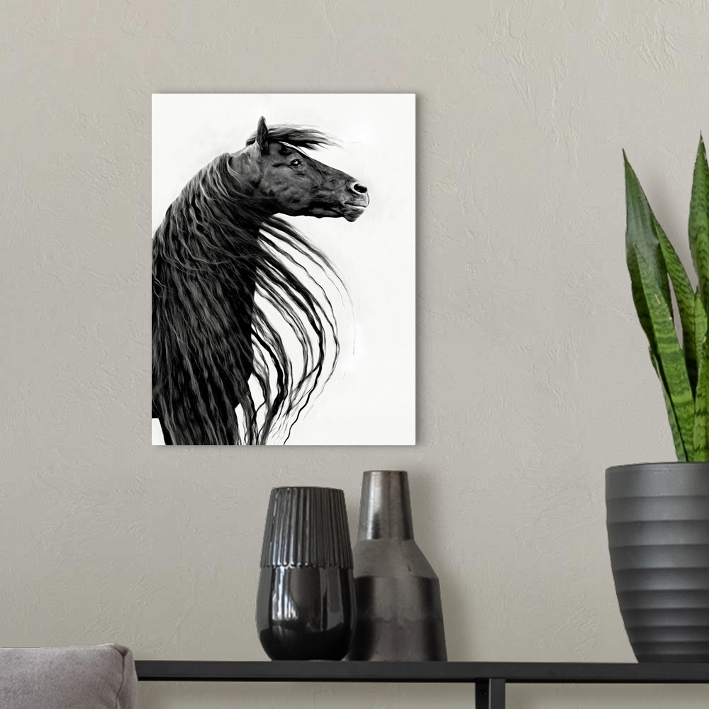 A modern room featuring Black And White Horse Portrait II