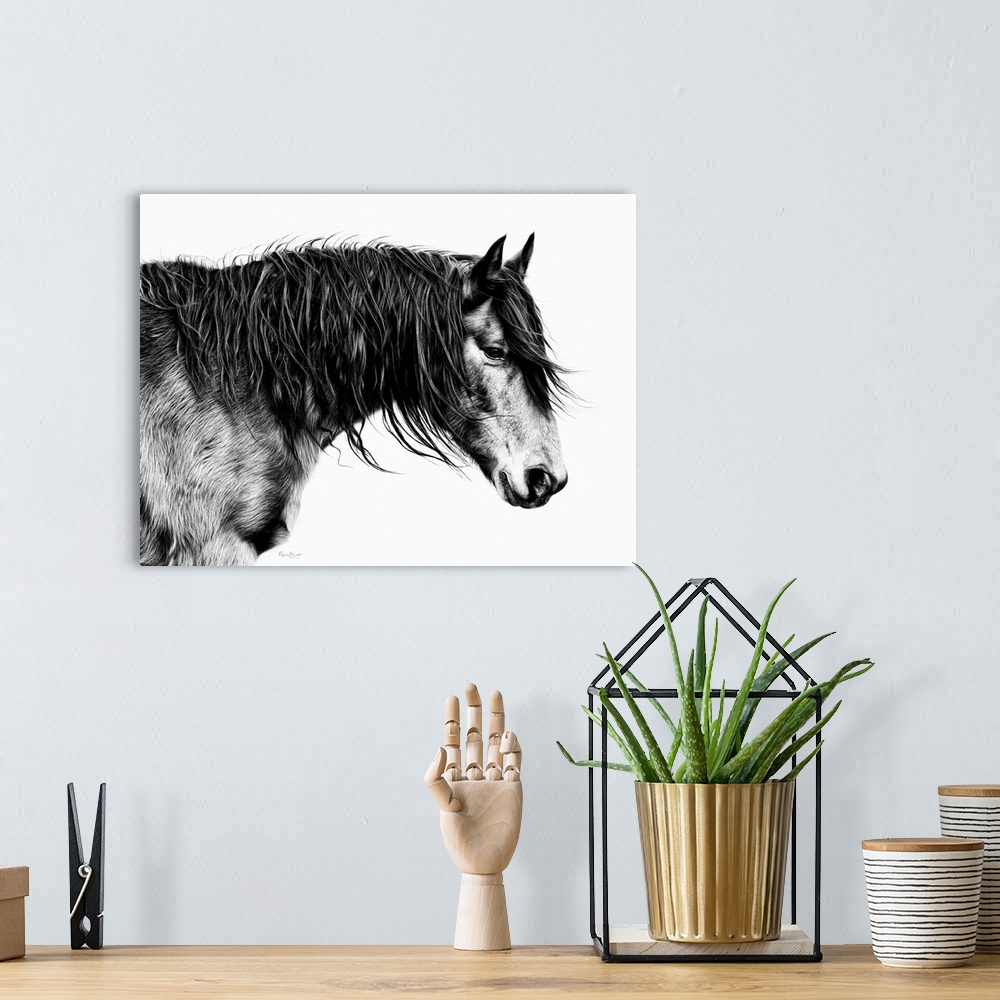 A bohemian room featuring Black And White Horse Portrait III