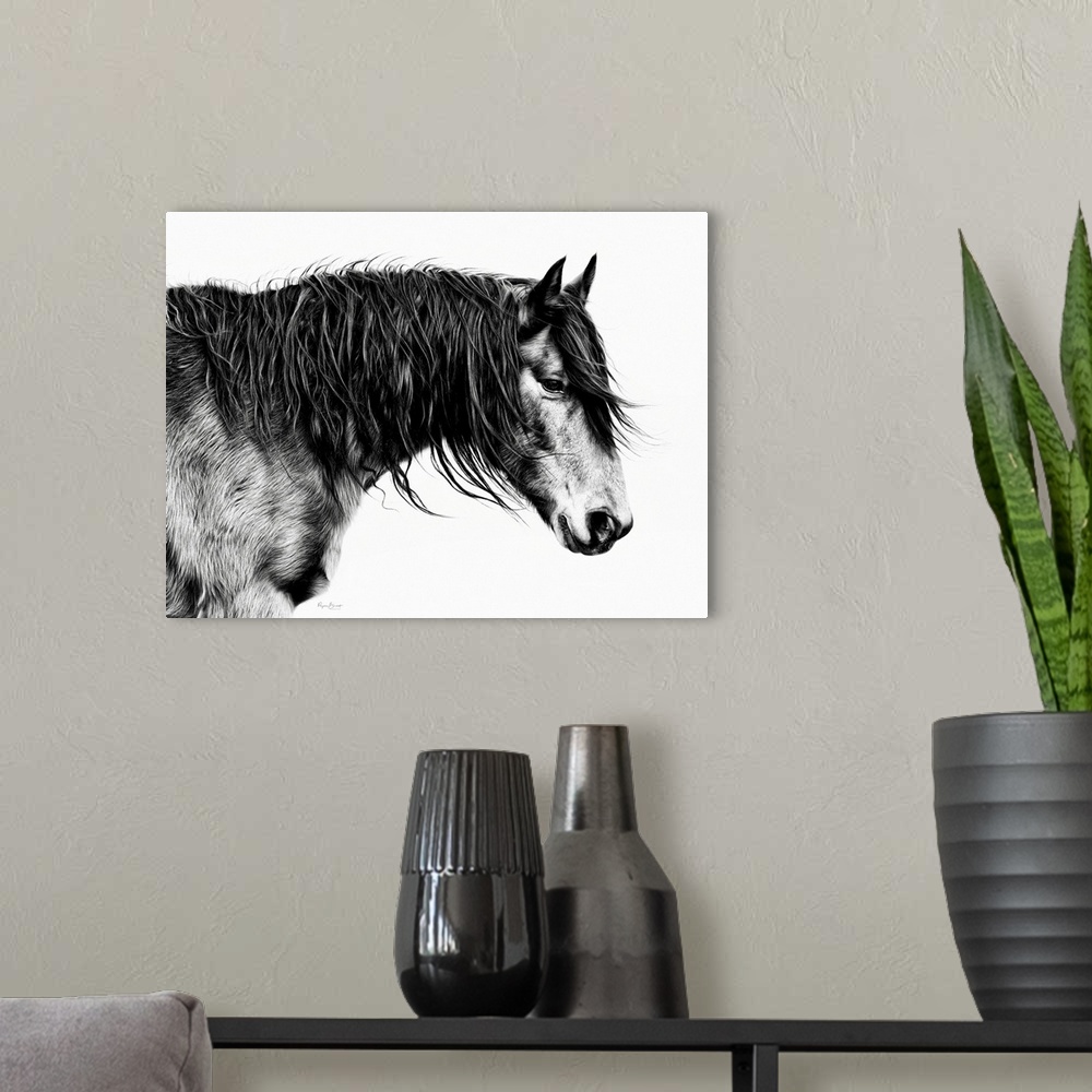 A modern room featuring Black And White Horse Portrait III