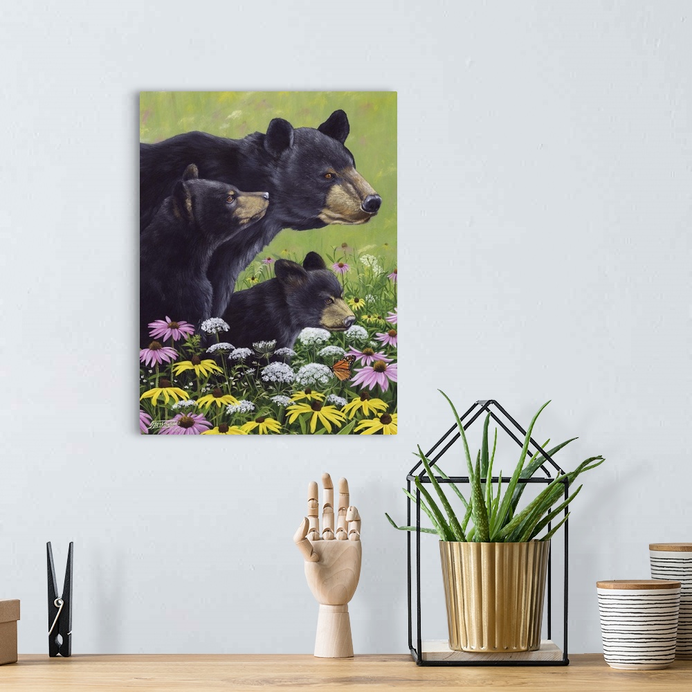 A bohemian room featuring Contemporary wildlife painting of a mother black bear and her two cubs in a field of wildflowers.