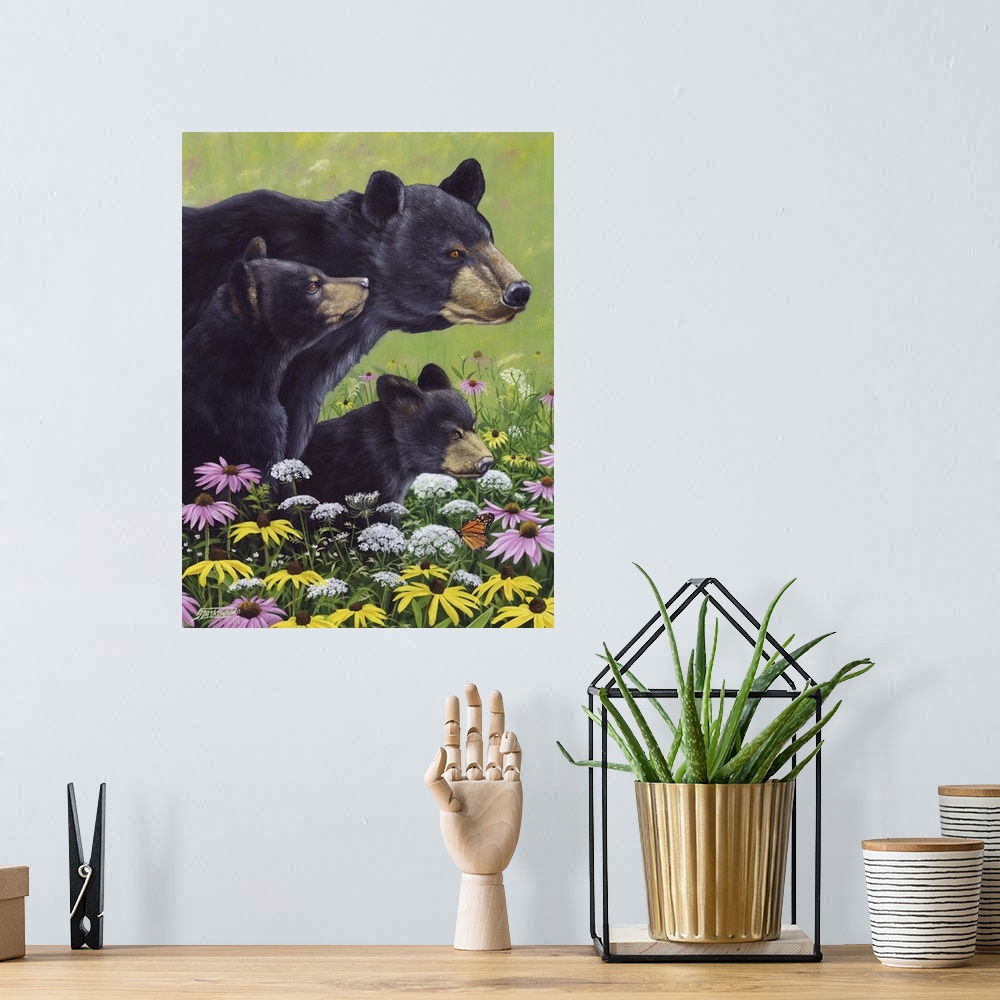 A bohemian room featuring Contemporary wildlife painting of a mother black bear and her two cubs in a field of wildflowers.