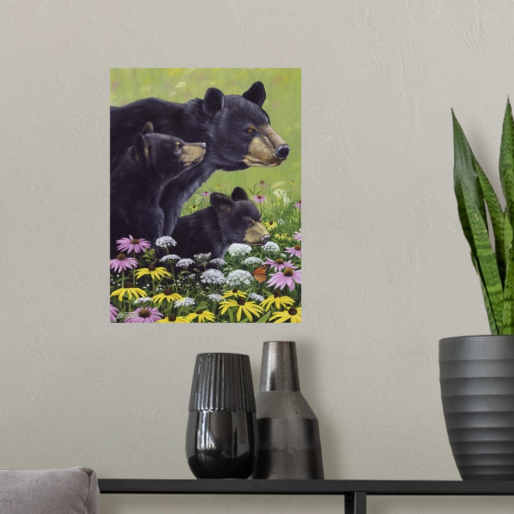 A modern room featuring Contemporary wildlife painting of a mother black bear and her two cubs in a field of wildflowers.