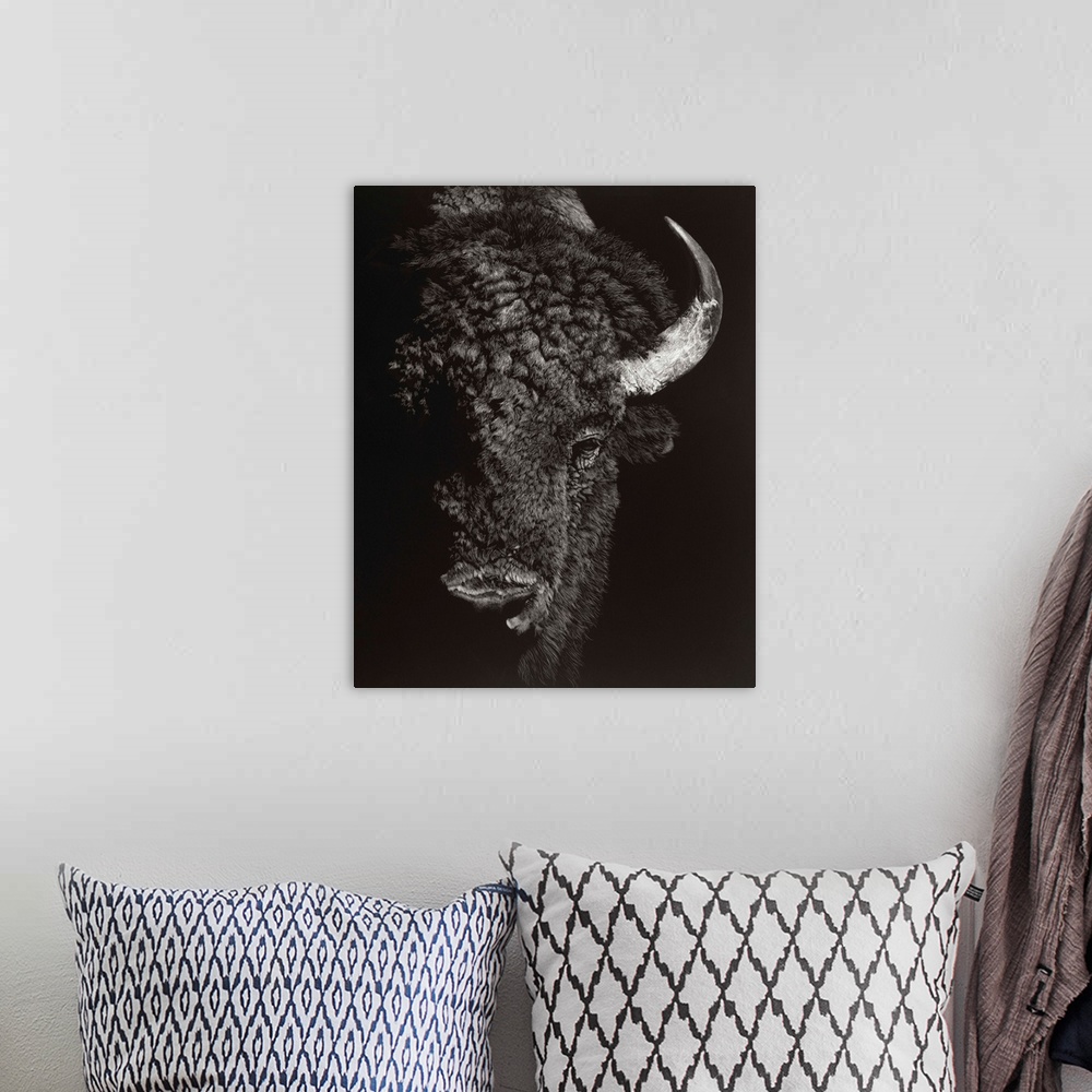 A bohemian room featuring Black and white lifelike illustration of a buffalo.