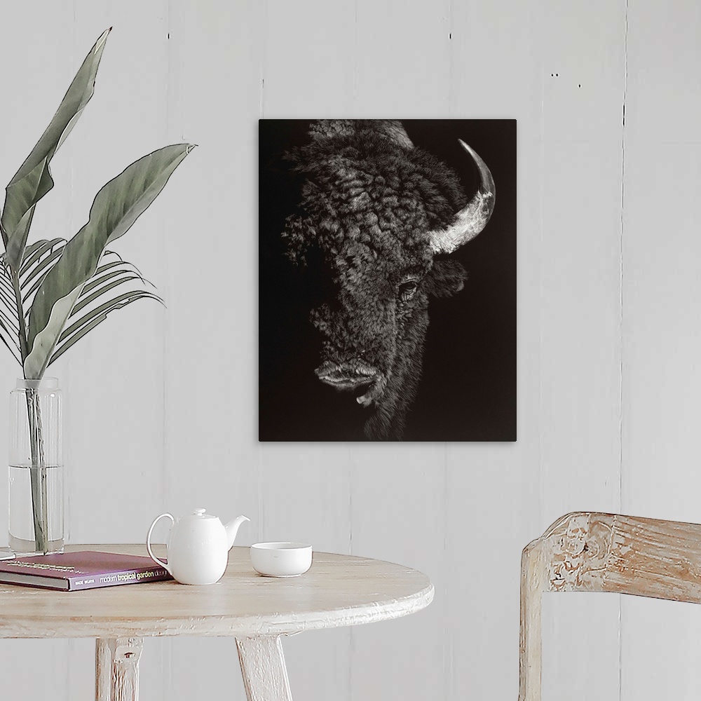 A farmhouse room featuring Black and white lifelike illustration of a buffalo.