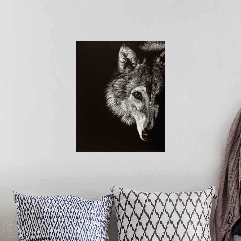 A bohemian room featuring Black and white lifelike illustration of a wolf.