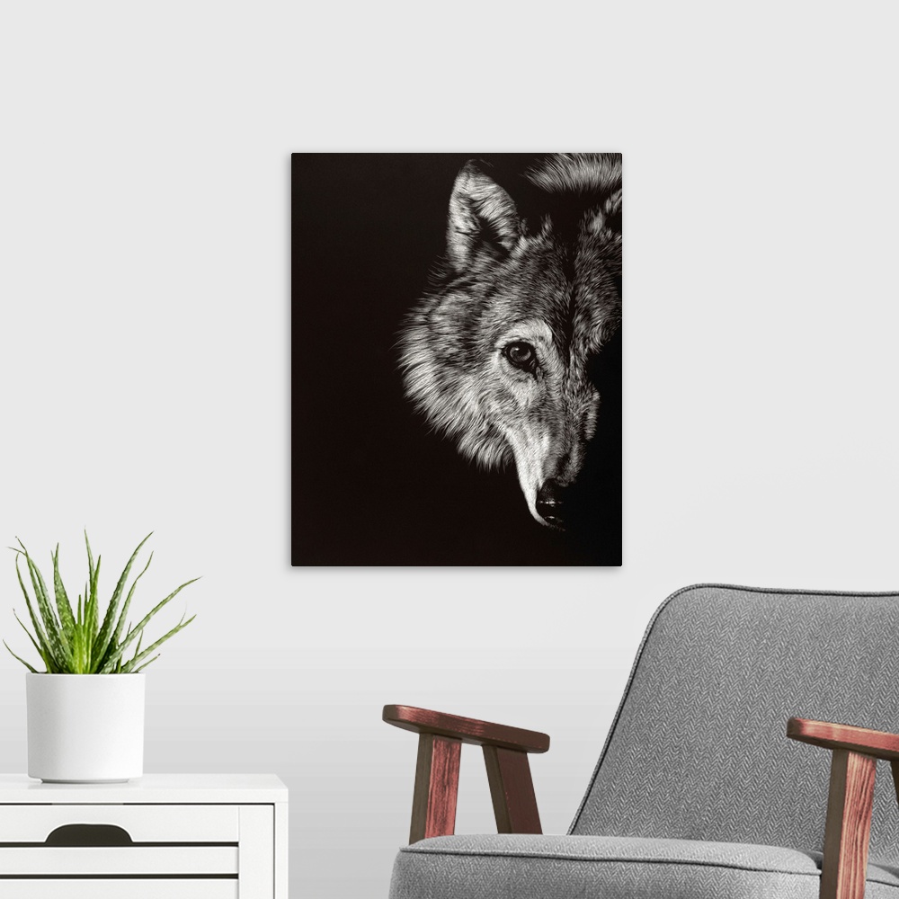 A modern room featuring Black and white lifelike illustration of a wolf.