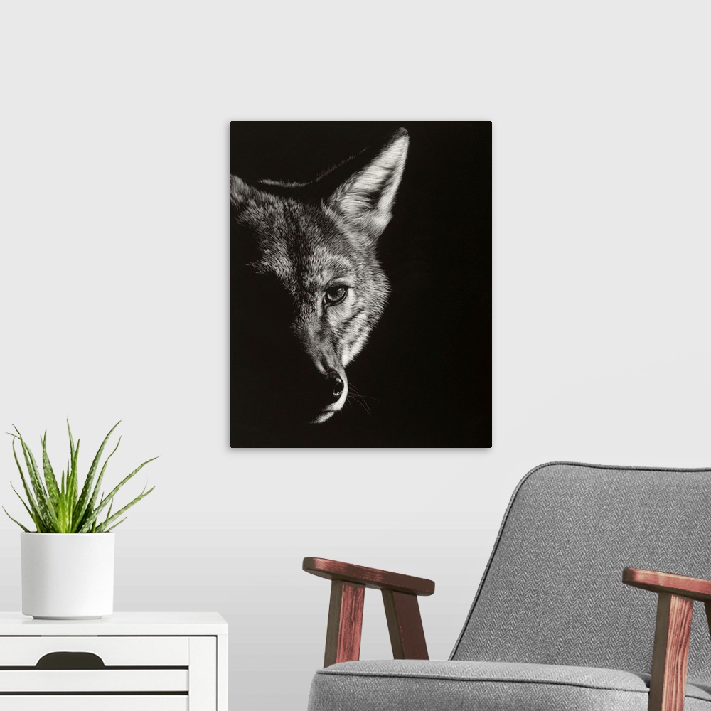 A modern room featuring Black and white lifelike illustration of a wolf.