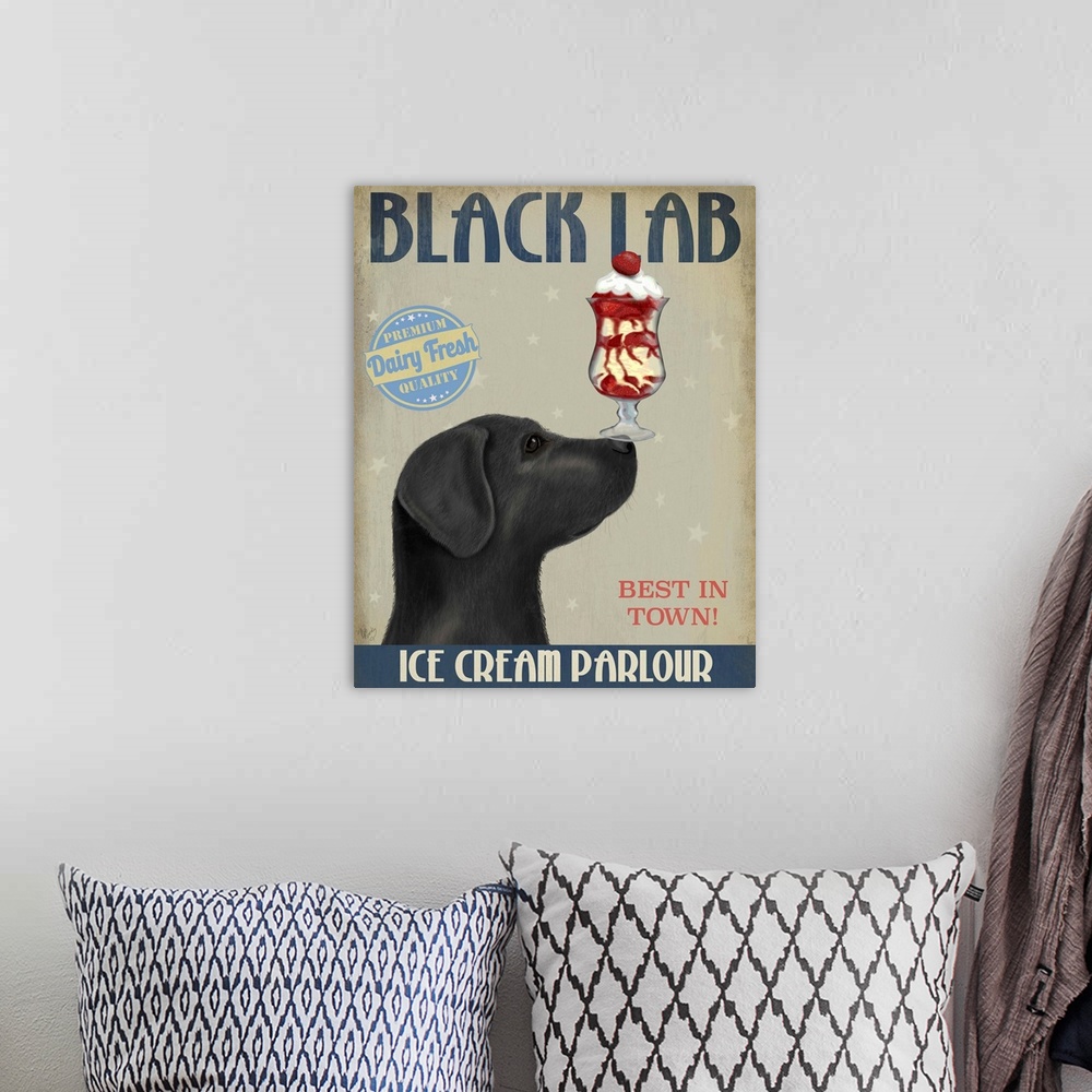 A bohemian room featuring Decorative artwork of a Black Lab balancing an ice cream sundae on its nose in an advertisement f...