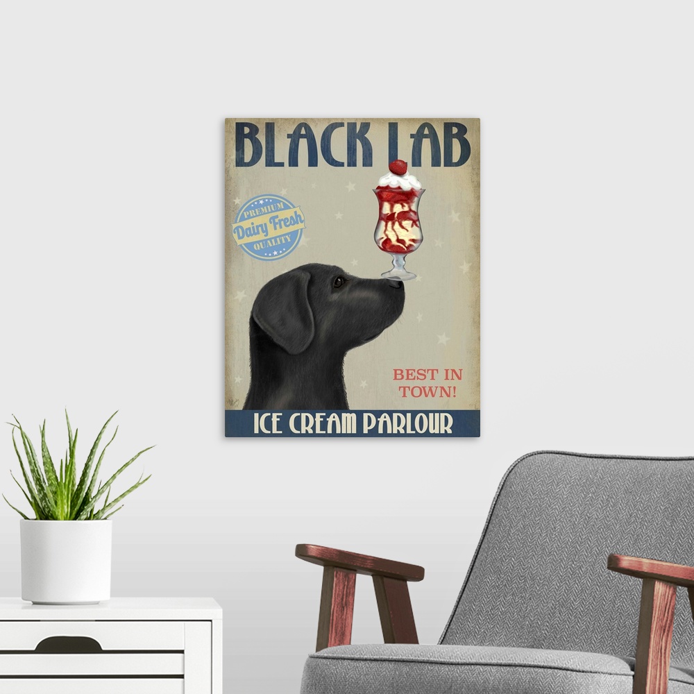 A modern room featuring Decorative artwork of a Black Lab balancing an ice cream sundae on its nose in an advertisement f...