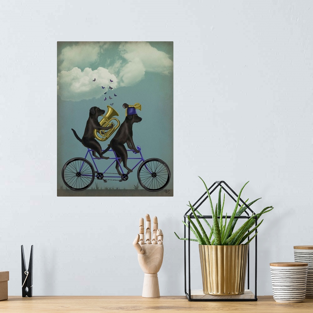 A bohemian room featuring Decorative artwork of two Black Labradors riding on a blue tandem bicycle with brass instruments ...