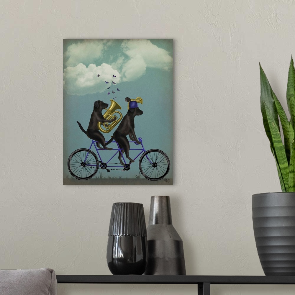 A modern room featuring Decorative artwork of two Black Labradors riding on a blue tandem bicycle with brass instruments ...