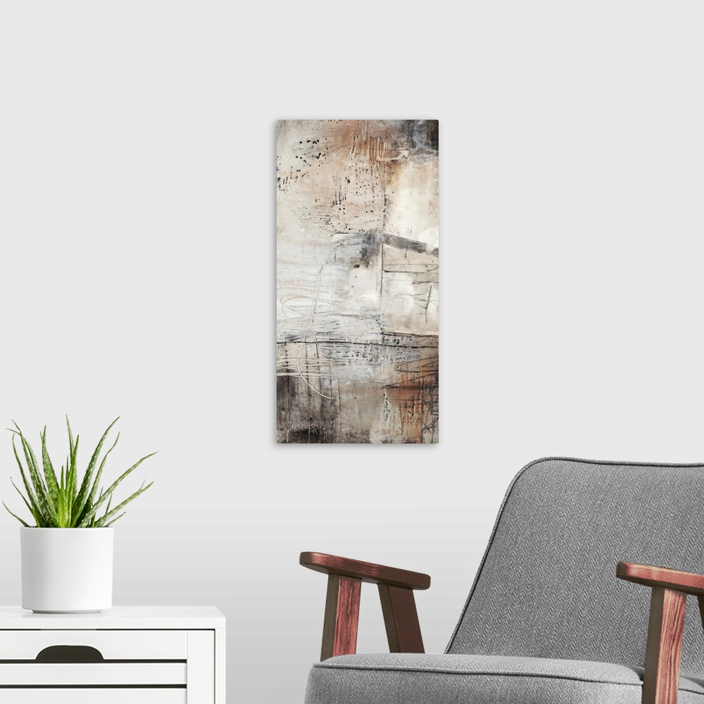 A modern room featuring This industrial abstract artwork features textural designs in earthy and rustic tones over a chal...
