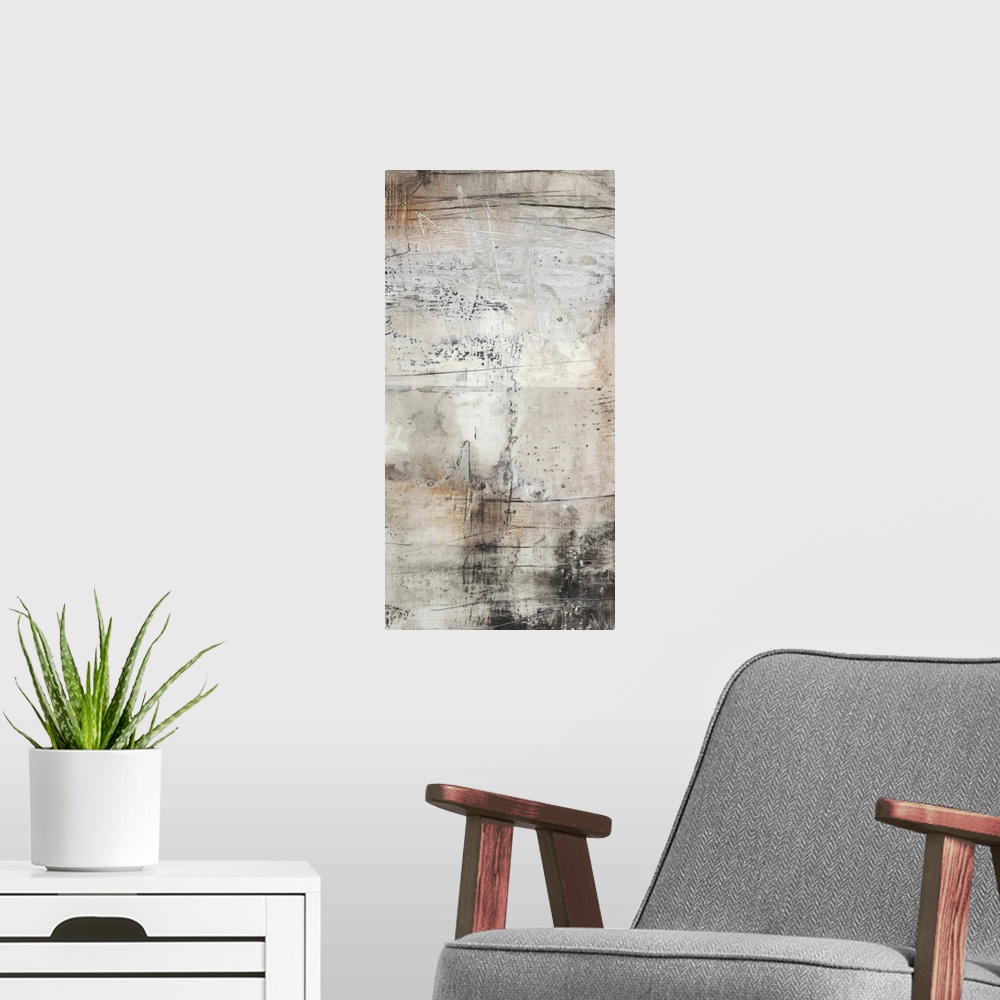 A modern room featuring This industrial abstract artwork features textural designs in earthy and rustic tones over a chal...