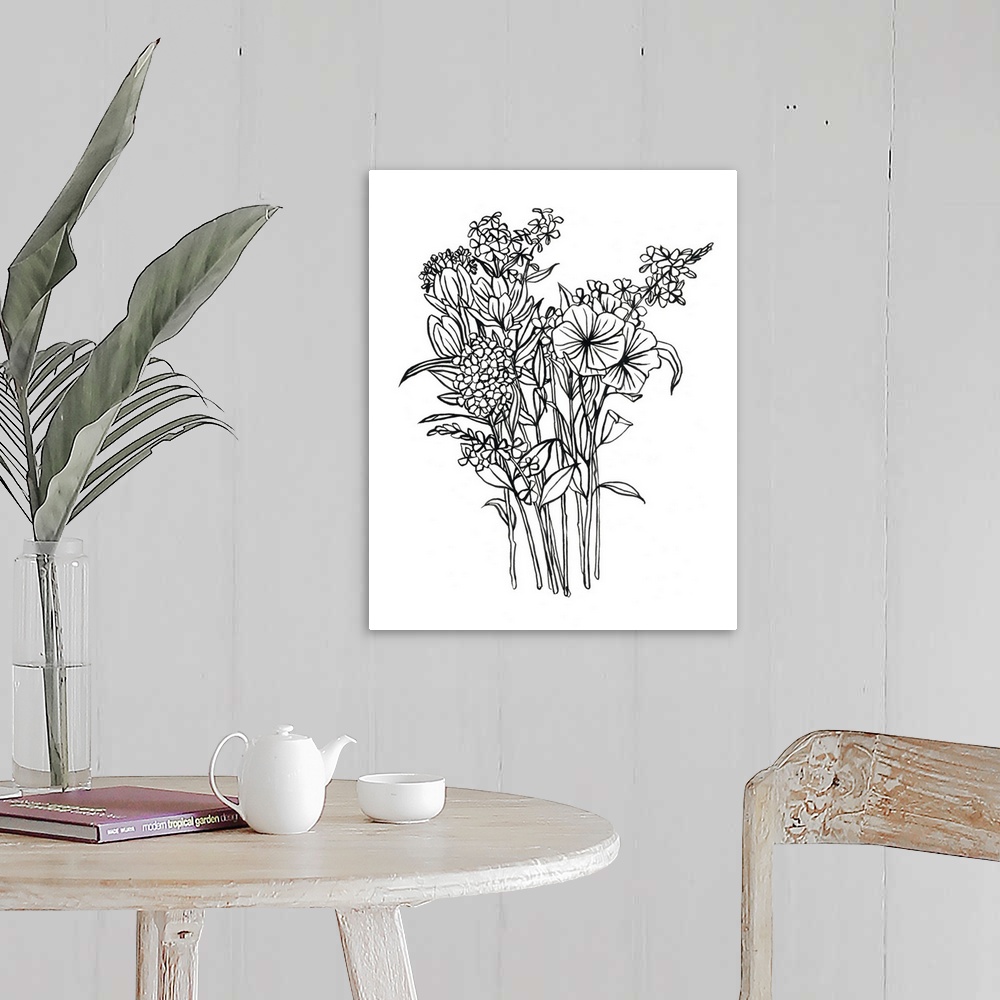 A farmhouse room featuring Contemporary painting of a floral bouquet outlined in black on a white background.