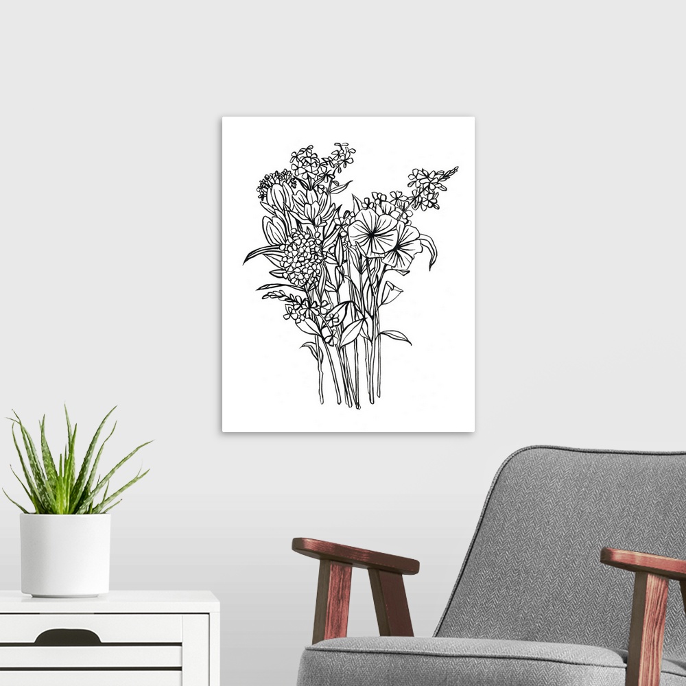 A modern room featuring Contemporary painting of a floral bouquet outlined in black on a white background.