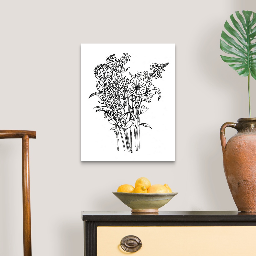 A traditional room featuring Contemporary painting of a floral bouquet outlined in black on a white background.