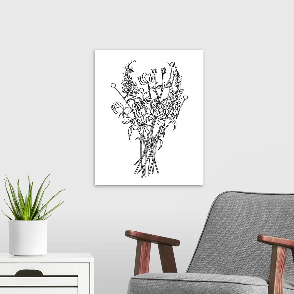 A modern room featuring Contemporary painting of a floral bouquet outlined in black on a white background.