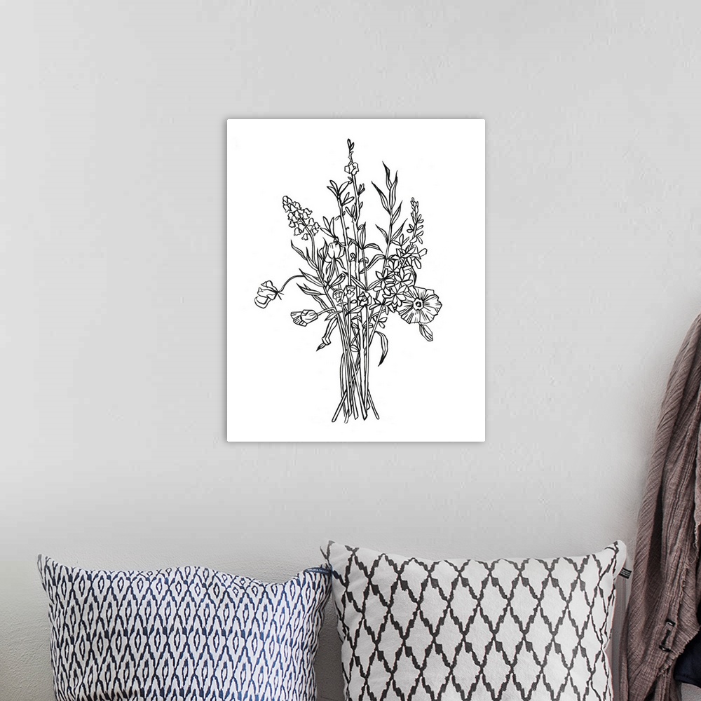 A bohemian room featuring Contemporary painting of a floral bouquet outlined in black on a white background.