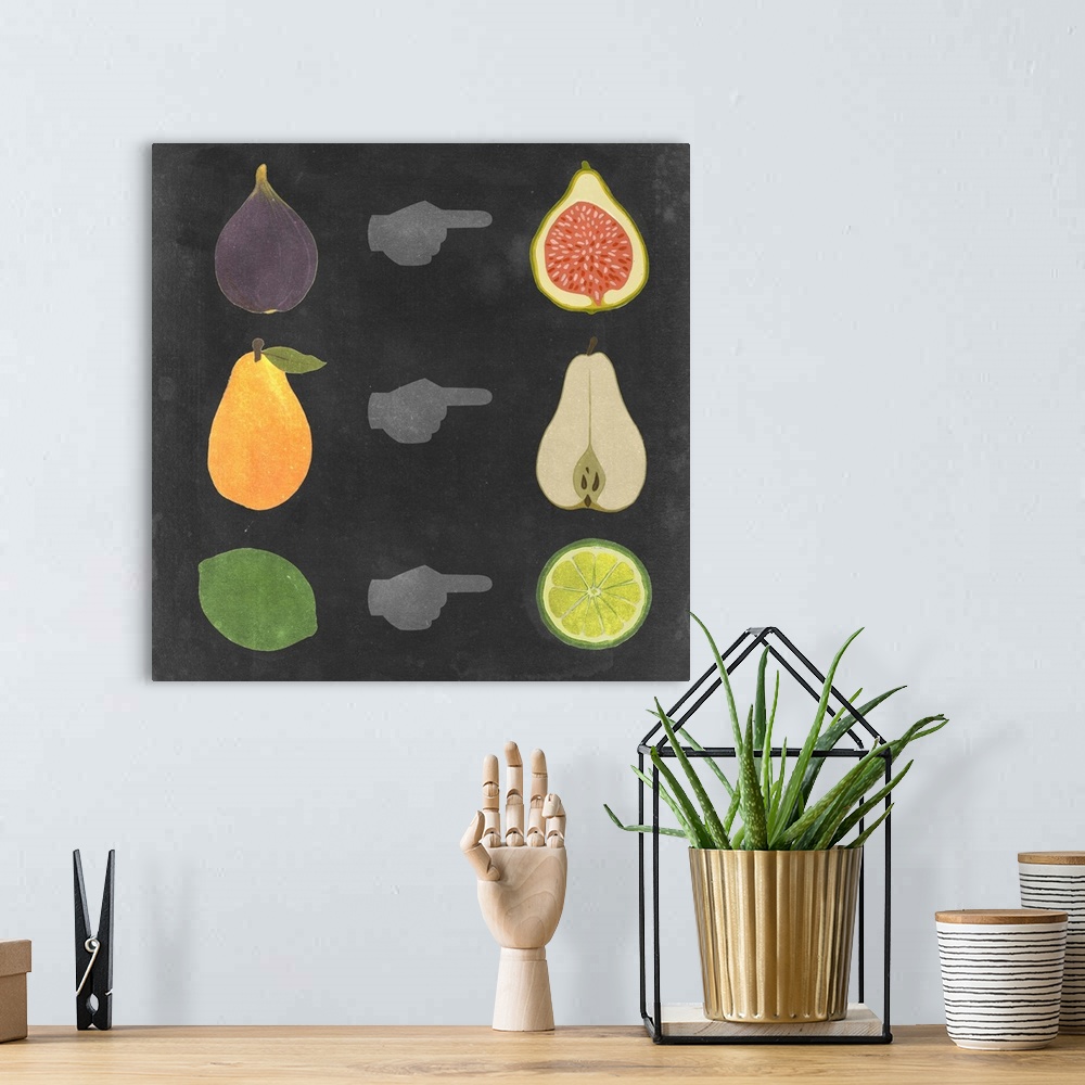 A bohemian room featuring Contemporary artwork of fruits and their halves in chalkboard style.