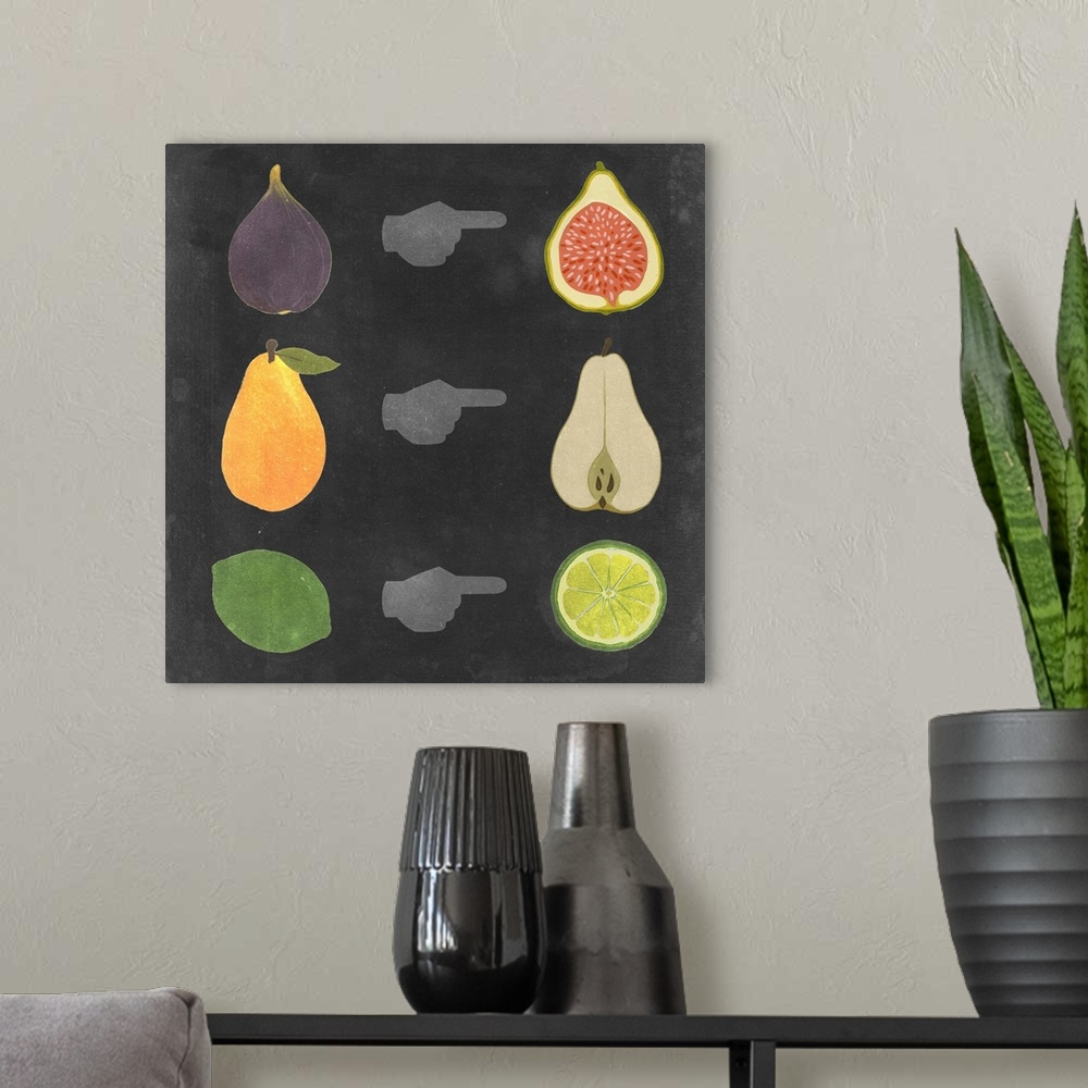 A modern room featuring Contemporary artwork of fruits and their halves in chalkboard style.
