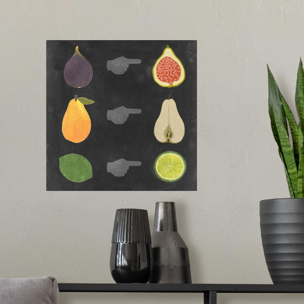 A modern room featuring Contemporary artwork of fruits and their halves in chalkboard style.